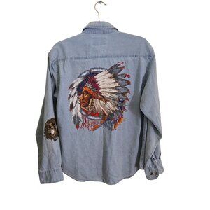 Vintage Unique Native American Wolf Design Button Down Chambray Shirt Gender Neu